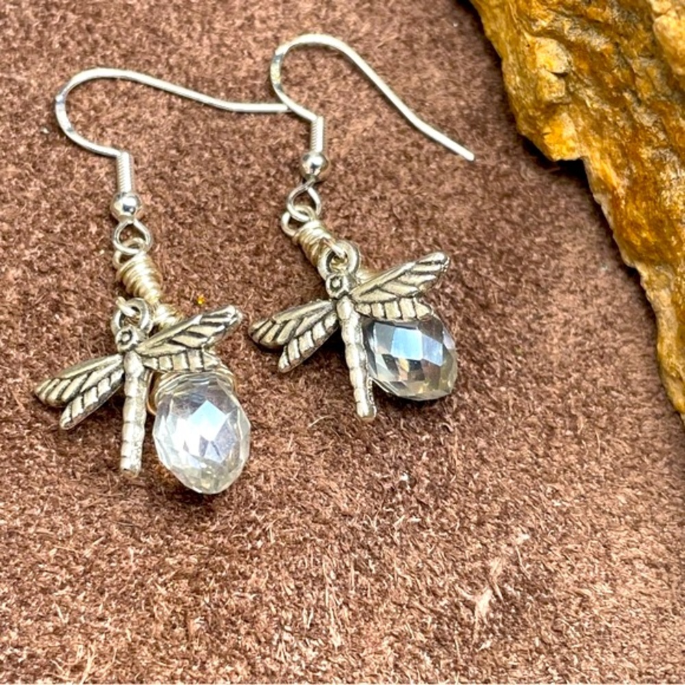 Handmade Silver Sparkling 
Crystal Dragonfly 
Earrings Boho Cottagecore - Picture 3 of 17